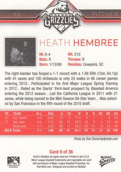 2012 MultiAd Fresno Grizzlies #9 Heath Hembree Back