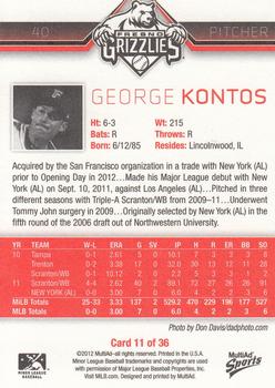 2012 MultiAd Fresno Grizzlies #11 George Kontos Back