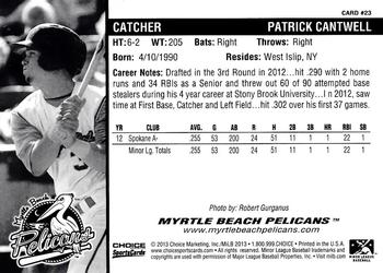 2013 Choice Myrtle Beach Pelicans #23 Patrick Cantwell Back