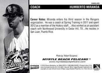 2013 Choice Myrtle Beach Pelicans #29 Humberto Miranda Back