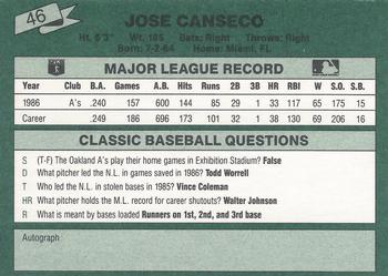 1987 Classic #46 Jose Canseco Back