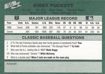 1987 Classic #55 Kirby Puckett Back