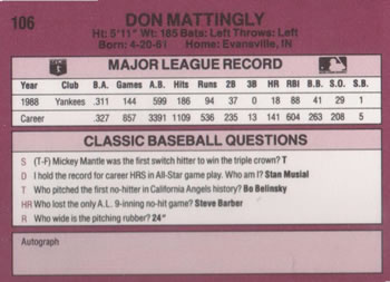 1989 Classic #106 Don Mattingly Back