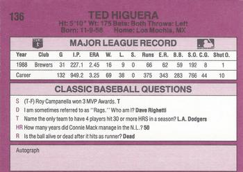 1989 Classic #136 Ted Higuera Back