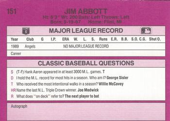 1989 Classic #151 Jim Abbott Back