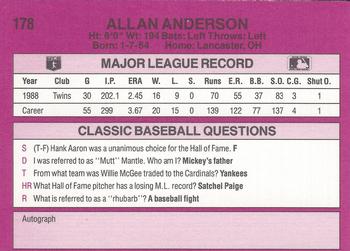 1989 Classic #178 Allan Anderson Back