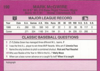 1989 Classic #190 Mark McGwire Back