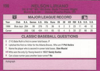 1989 Classic #196 Nelson Liriano Back