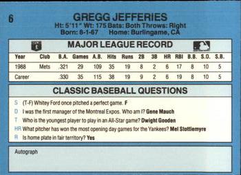 1989 Classic #6 Gregg Jefferies Back