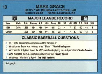 1989 Classic #13 Mark Grace Back