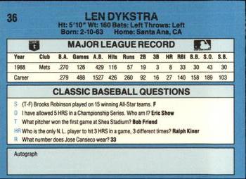 1989 Classic #36 Len Dykstra Back
