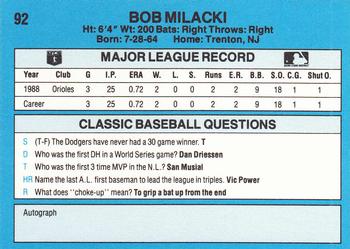 1989 Classic #92 Bob Milacki Back