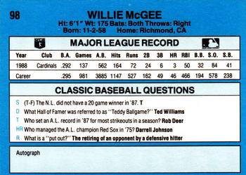 1989 Classic #98 Willie McGee Back