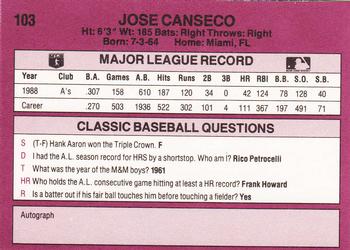 1989 Classic #103 Jose Canseco Back