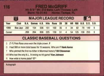 1989 Classic #116 Fred McGriff Back