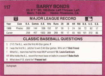 1989 Classic #117 Barry Bonds Back