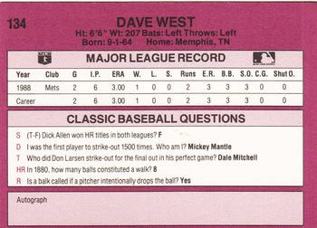 1989 Classic #134 Dave West Back