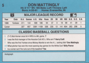 1989 Classic #5 Don Mattingly Back