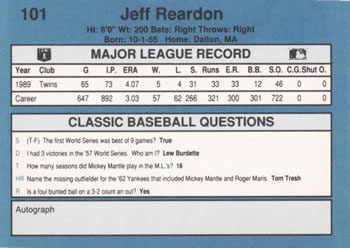 1990 Classic Blue #101 Jeff Reardon Back