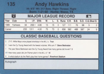1990 Classic Blue #135 Andy Hawkins Back