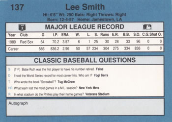 1990 Classic Blue #137 Lee Smith Back