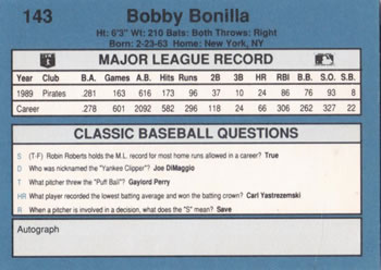 1990 Classic Blue #143 Bobby Bonilla Back