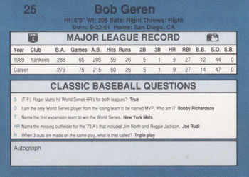 1990 Classic Blue #25 Bob Geren Back
