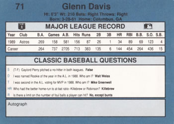 1990 Classic Blue #71 Glenn Davis Back
