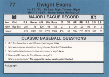 1990 Classic Blue #77 Dwight Evans Back