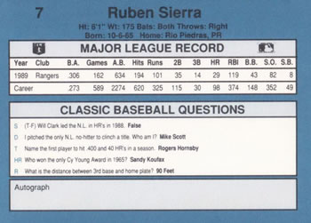 1990 Classic Blue #7 Ruben Sierra Back
