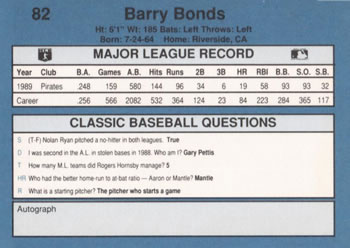 1990 Classic Blue #82 Barry Bonds Back