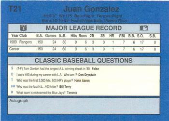 1990 Classic Update #T21 Juan Gonzalez Back