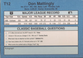 1990 Classic Yellow #T12 Don Mattingly Back