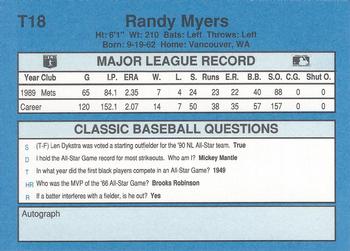 1990 Classic Yellow #T18 Randy Myers Back