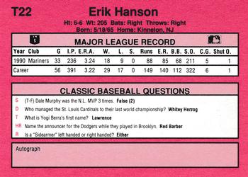 1991 Classic II #T22 Erik Hanson Back
