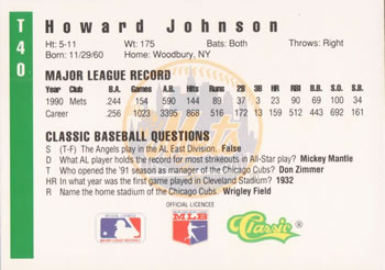1991 Classic III #T40 Howard Johnson Back