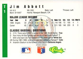 1991 Classic III #T1 Jim Abbott Back