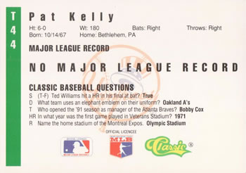 1991 Classic III #T44 Pat Kelly Back