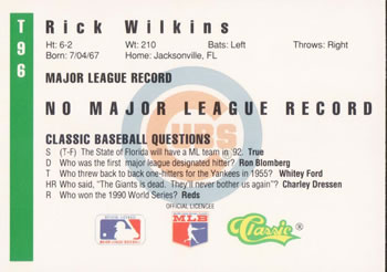 1991 Classic III #T96 Rick Wilkins Back