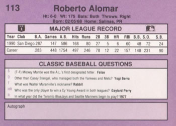1991 Classic #113 Roberto Alomar Back