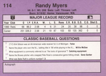 1991 Classic #114 Randy Myers Back