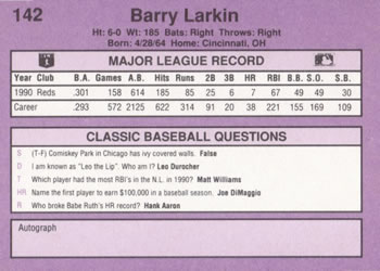 1991 Classic #142 Barry Larkin Back