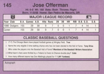 1991 Classic #145 Jose Offerman Back