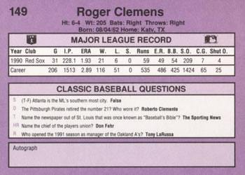 1991 Classic #149 Roger Clemens Back