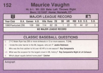 1991 Classic #152 Maurice Vaughn Back