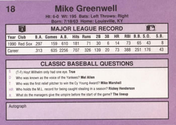 1991 Classic #18 Mike Greenwell Back