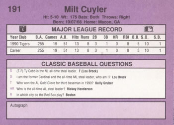 1991 Classic #191 Milt Cuyler Back