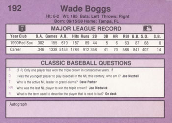 1991 Classic #192 Wade Boggs Back