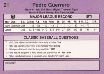 1991 Classic #21 Pedro Guerrero Back