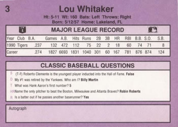 1991 Classic #3 Lou Whitaker Back